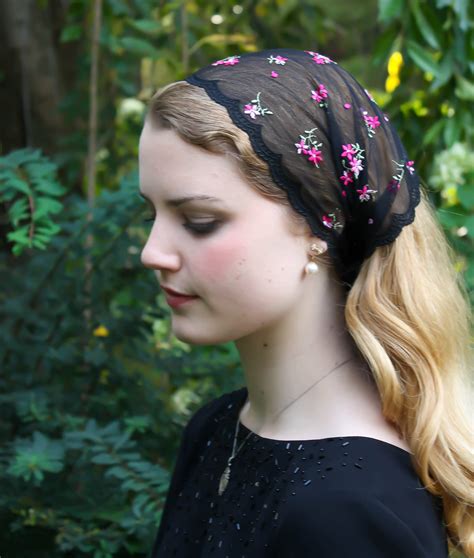 Evintage Veils~ So Soft Headwrap Embroidered Black And Rose Floral Lace