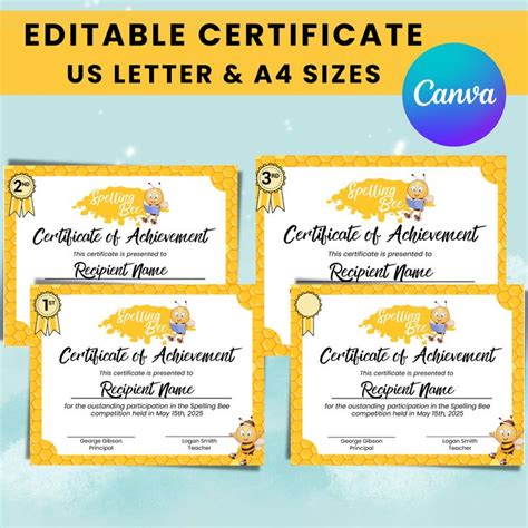 Editable Spelling Bee Certificate Template Spelling Participant Award