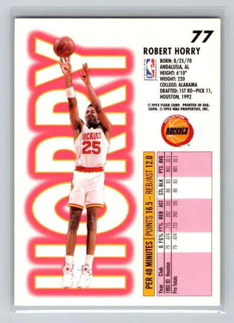 CARTE DE BASKETBALL 1993 94 Fleer 77 Robert Horry Houston Rockets EUR