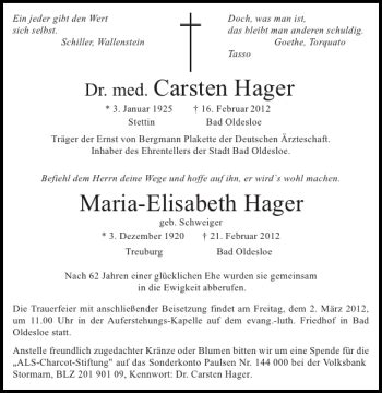 Traueranzeigen Von Dr Med Carsten Hager Und Maria Elisabeth Hager