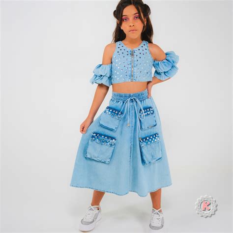 Conjunto Cropped E Saia All Jeans Kukixo Moda Infantil