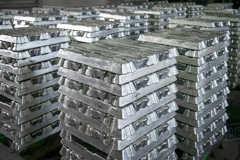 Stacked ingots in aluminium recycling plant warehouse awaiting delivery ...