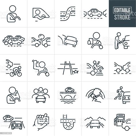 Driving And Traffic Thin Line Icons Editable Stroke Stock Illustration