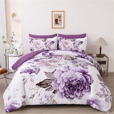 Dintszyayue 7 Pieces Comforter Set King Purple Floral Bed