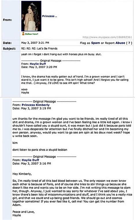 27 Year Old Kimberlys Alleged Myspace Messages To Haylie Duff In