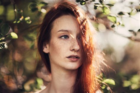 Ruby James Freckles Blue Eyes Leaves Face Pale Looking Away