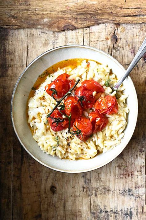 Cheesy Orzo With Roasted Cherry Tomatoes Serving Dumplings