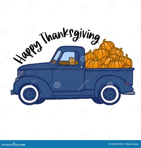 Blue Autumn Pumpkin Truck With Happy Thanksgiving Stock Vector