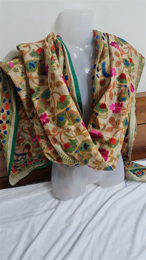 Phulkari Dupatta, with katha stitch embroidery and kalamkari