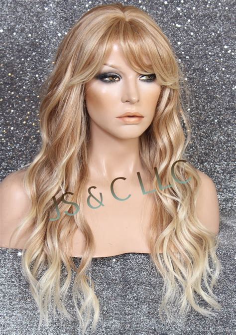 Beautiful Human Hair Blend Wig Blonde Mixed Long Wavy Center Etsy