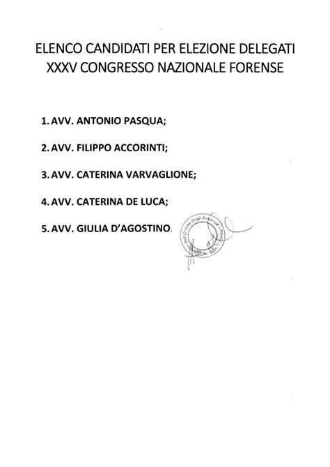 ELENCO CANDIDATI PER ELEZIONE DELEGATI XXXV CONGRESSO NAZIONALE FORENSE