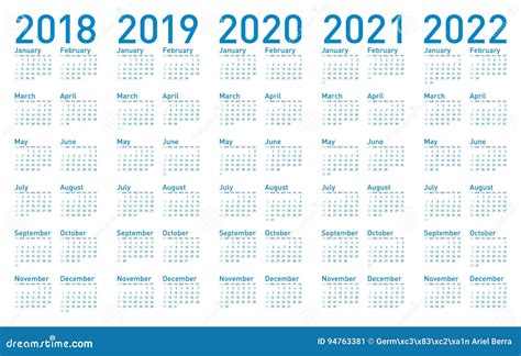 Enkel Blå Kalender För år 20182019 2020 2021 Och 2022 Vektor