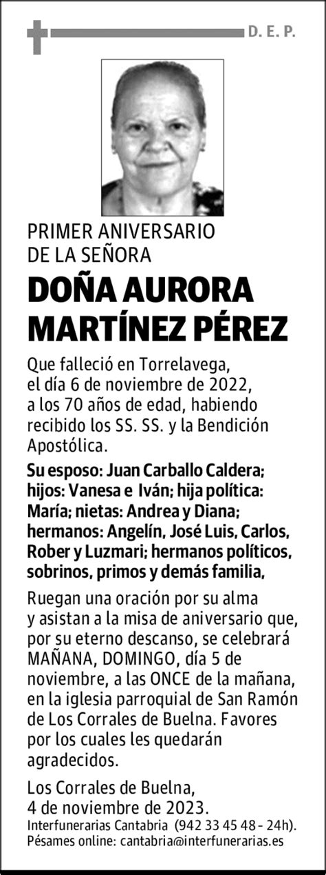 Do A Aurora Mart Nez P Rez Esquela Necrol Gica El Diario Monta S