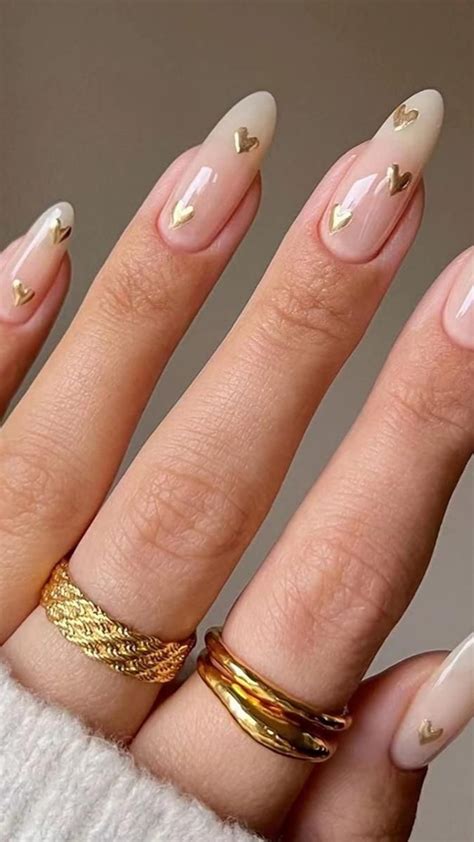 MERVF Almond Press On Nails Medium Nude Fake Nails Stiletto Glossy Glue On Nails With Gold Heart