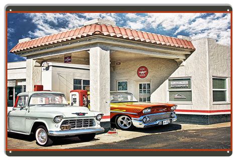 Classic Chevys Hot Rod At Service Station By Artist Bob Kramer 12x18 Metal Sign RVG1800