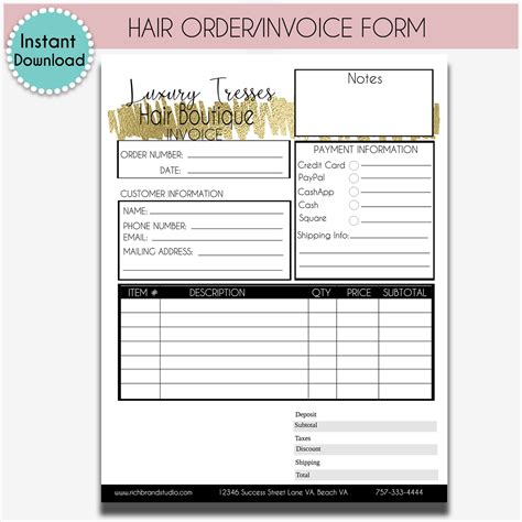 Editable Hair Invoice Order Form Wig Invoice Order Form Beauty Etsy