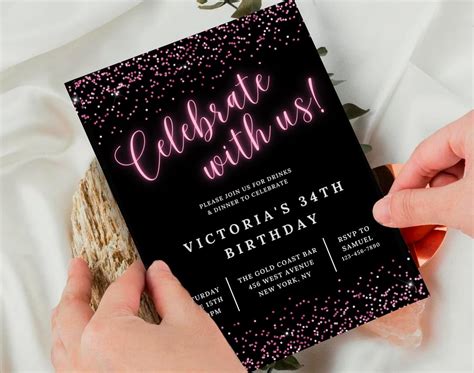 Pink Celebrate With Us Birthday Party Editable Invitation Neon Pink