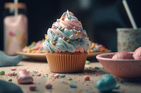 Premium AI Image | A cupcake with pink frosting and a bowl of rainbow ...