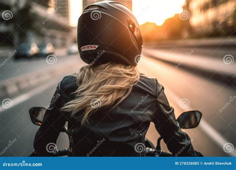 Back of Blonde Biker Girl in a Leather Jacket and Helmet on a ...