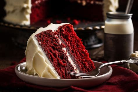 Uma Fatia De Bolo Red Velvet Em Um Prato Um Pote De Cobertura De