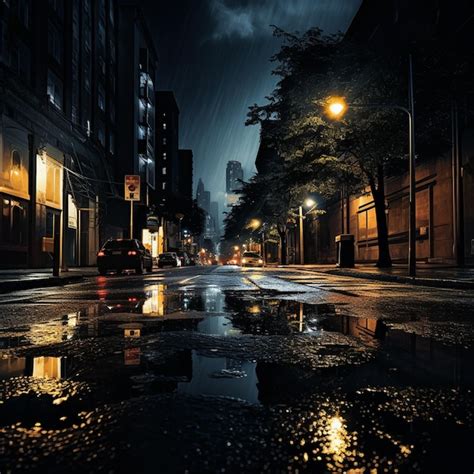 Premium AI Image | Rain on road street in dark night