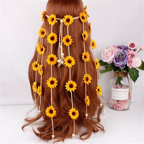 Yesbay Boho Women Sunflower Marguerite Tassel Headband Garland Hair