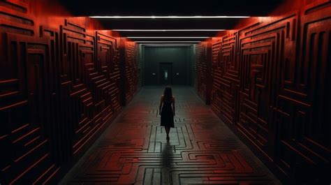 Premium Ai Image A Woman Walks Down A Dark Hallway With A Large