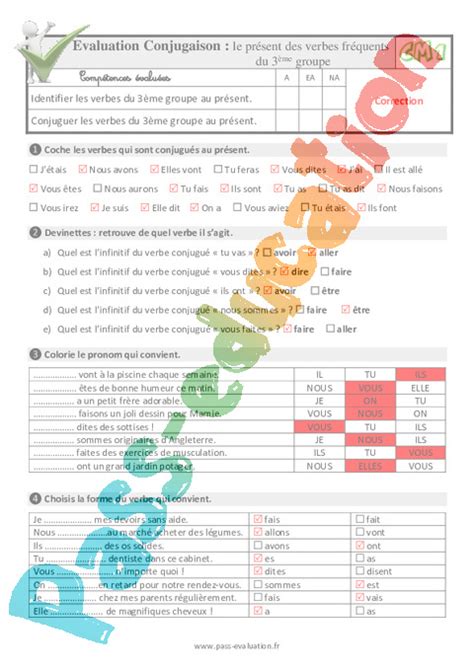 Le Présent Des Verbes Fréquents Du 3ème Groupe Au Cm1 Evaluation Qcm Quiz Pdf à Imprimer