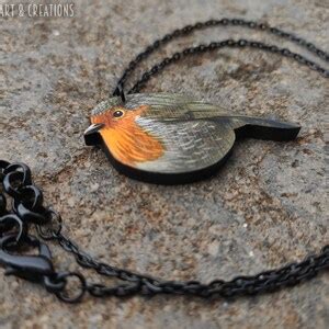 Eurasian Robin Painted Necklace Wood Robin Pendant Etsy