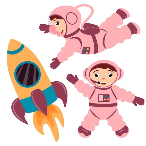 Un Conjunto De Ilustraciones Con Lindos Astronautas Y Un Cohete Al Estilo De Dibujos Animados