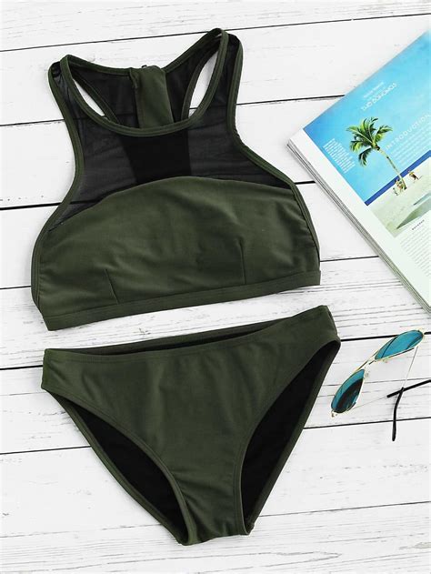 Mesh Detail Racer Back Bikini Set SheIn Sheinside