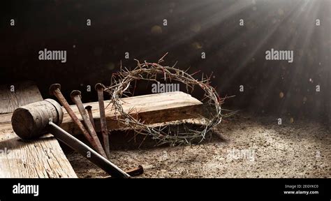 Passion Of Jesus Wooden Cross With Crown Of Thorns Hammer And Bloody