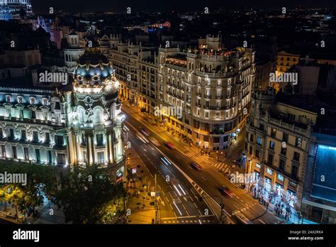 Madrid, Spain, night view of landmark buildings on Gran Via street Stock Photo - Alamy