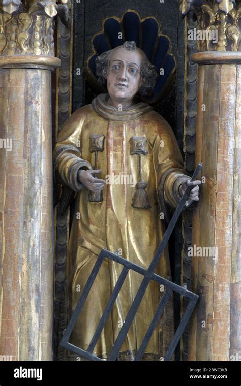 Saint Lawrence statue on a high altar at Our Lady of the Mountain Church in Lobor, Croatia Stock ...