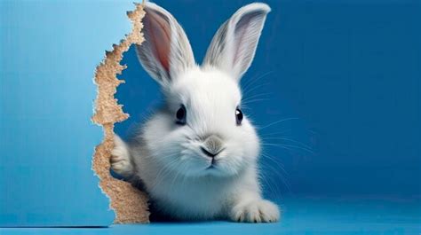 Premium AI Image Curious Easter Bunny Peeking Out Of Blue Wall Hole