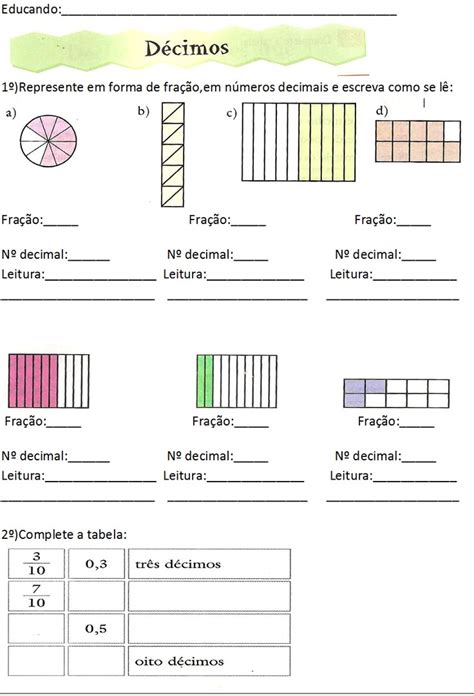 Fração Decimal 5 Ano - ATIVIDADE Números Decimais(5º ano) | Frações decimais atividades ...
