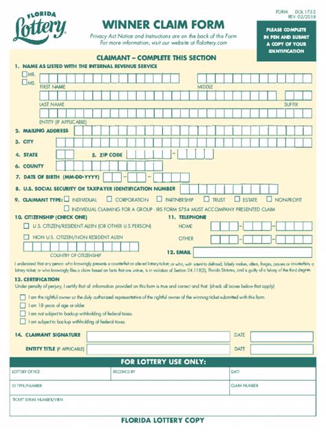 Fillable Online Winner Claim Form The Florida Lottery Fax Email Print