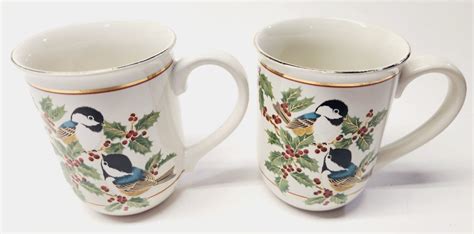 Pair Vintage Otagiri Gibson Greeting Cards Christmas Holiday Mugs Birds