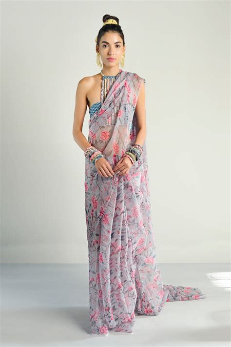 Buy Rishi Vibhuti Grey Organza Floral Print Saree With Blouse Online