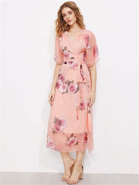 Surplice Front Tie Waist Floral Dress Shein Sheinside