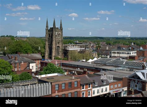 View of Tamworth, Staffordshire, from the top of Tamworth Castle Stock ...