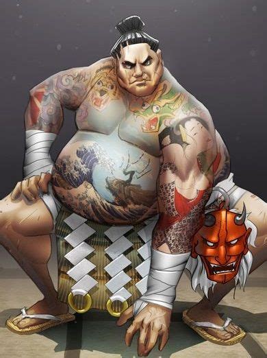 An Image Of A Sumo Wrestler With Tattoos On His Arms And Legs Kneeling