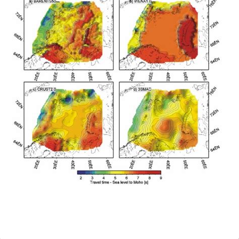 Traveltimes down to the Moho discontinuity. a). BARENTS50, this study.... | Download Scientific ...