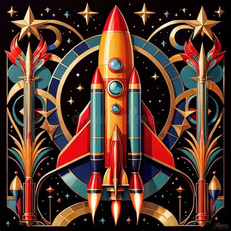 Rocket Spaceships Flying in Space, Retro Futuristic Illustration in Art ...