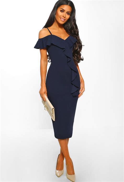 Finding Love Navy Frill Detail Cold Shoulder Bodycon Midi Dress Midi