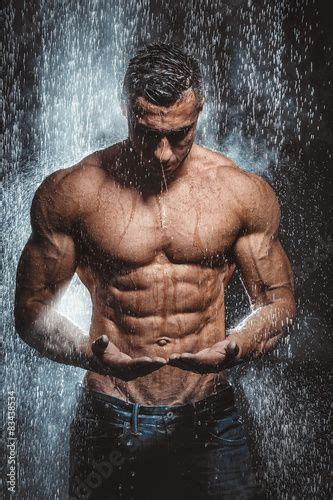 Very Muscular Handsome Athletic Man In The Rain Athletic Men Tattoed