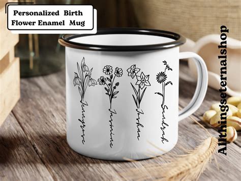 Personalized Birth Flower Enamel Mug 12oz Custom Name Birth Month