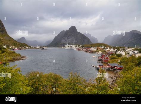 Traditional red rorbuer cabins in the fishing village of Reine, Lofoten Islands, Norway Stock ...