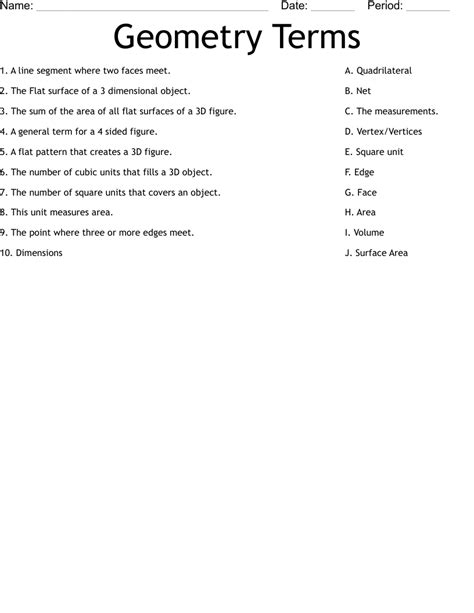 Geometry Terms Worksheet Wordmint