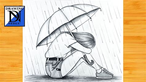 Sad Girl In Rain Drawing